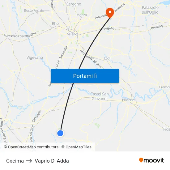Cecima to Vaprio D' Adda map