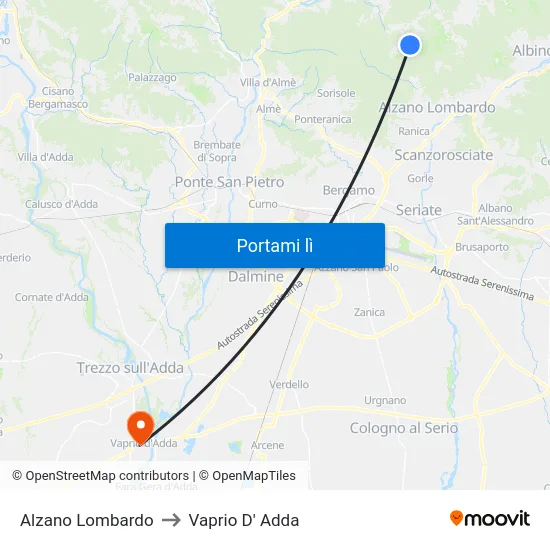 Alzano Lombardo to Vaprio D' Adda map