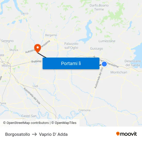 Borgosatollo to Vaprio D' Adda map