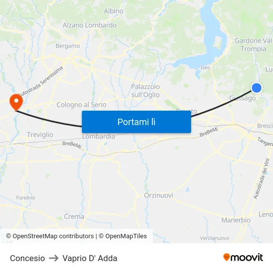 Concesio to Vaprio D' Adda map