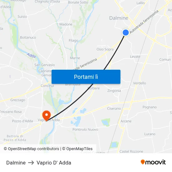 Dalmine to Vaprio D' Adda map