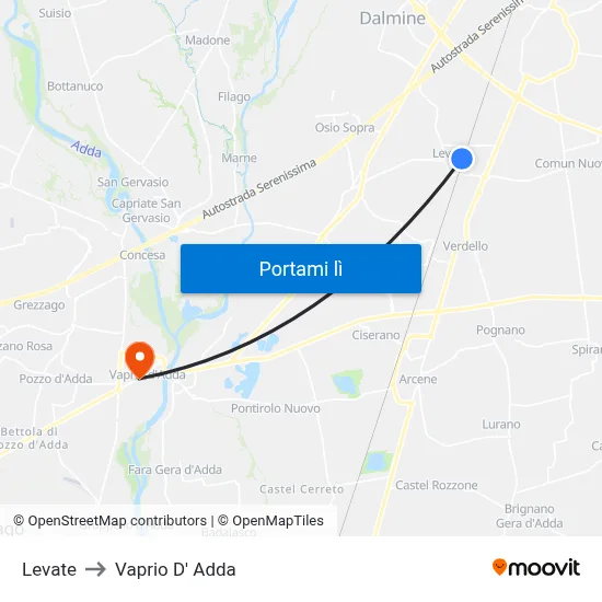 Levate to Vaprio D' Adda map