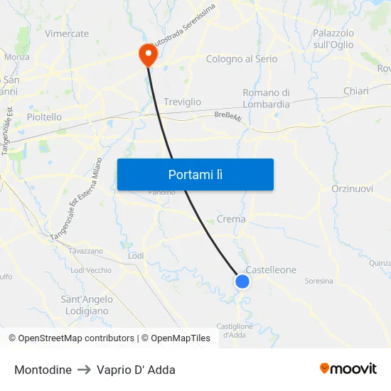 Montodine to Vaprio D' Adda map