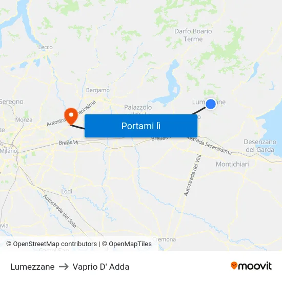 Lumezzane to Vaprio D' Adda map