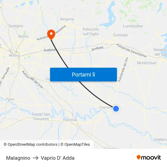 Malagnino to Vaprio D' Adda map