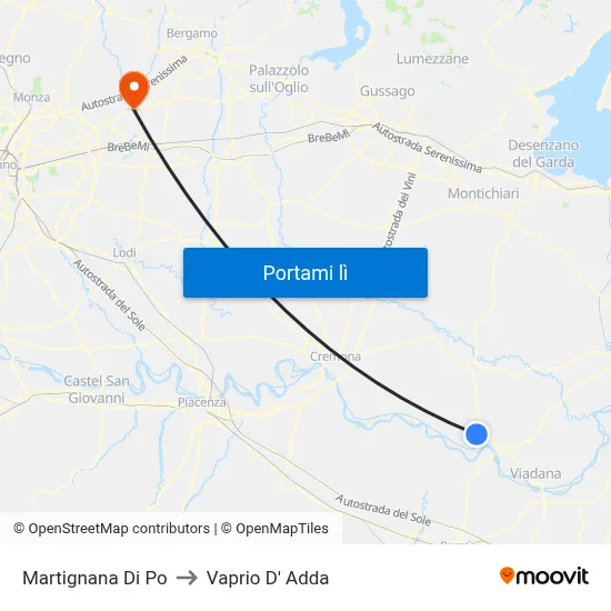 Martignana Di Po to Vaprio D' Adda map