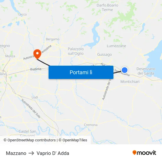 Mazzano to Vaprio D' Adda map