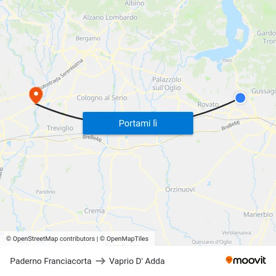 Paderno Franciacorta to Vaprio D' Adda map