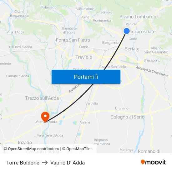 Torre Boldone to Vaprio D' Adda map