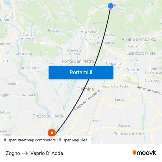 Zogno to Vaprio D' Adda map