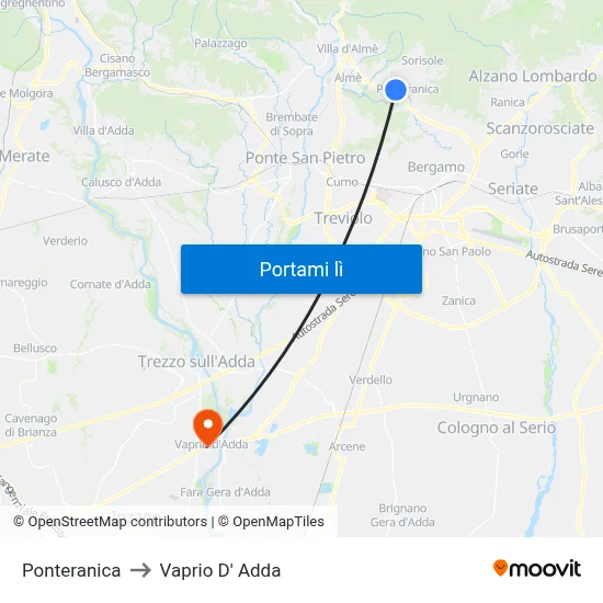Ponteranica to Vaprio D' Adda map