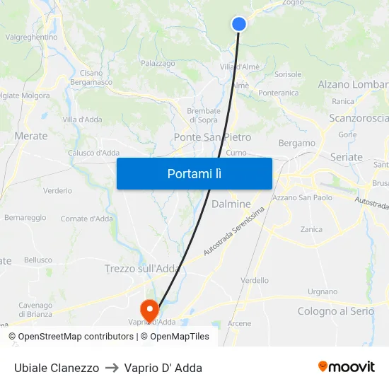 Ubiale Clanezzo to Vaprio D' Adda map