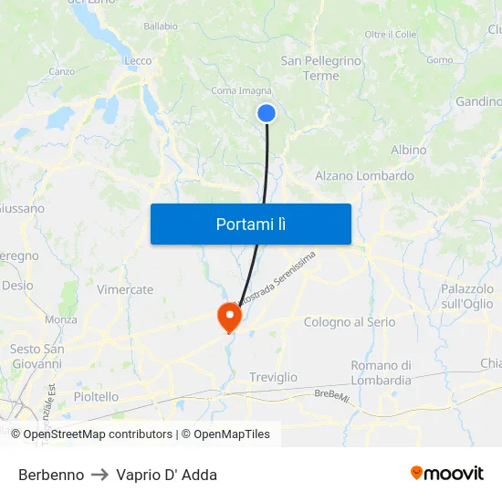Berbenno to Vaprio D' Adda map