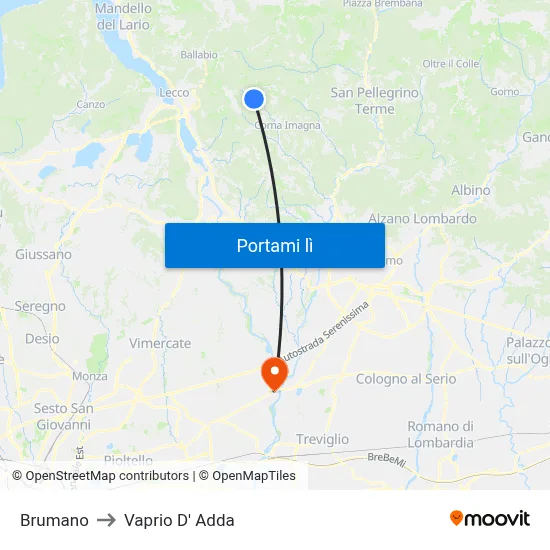 Brumano to Vaprio D' Adda map