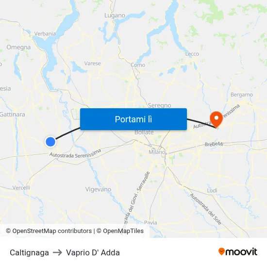 Caltignaga to Vaprio D' Adda map