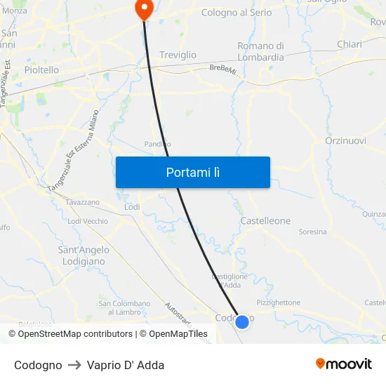 Codogno to Vaprio D' Adda map