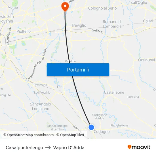 Casalpusterlengo to Vaprio D' Adda map