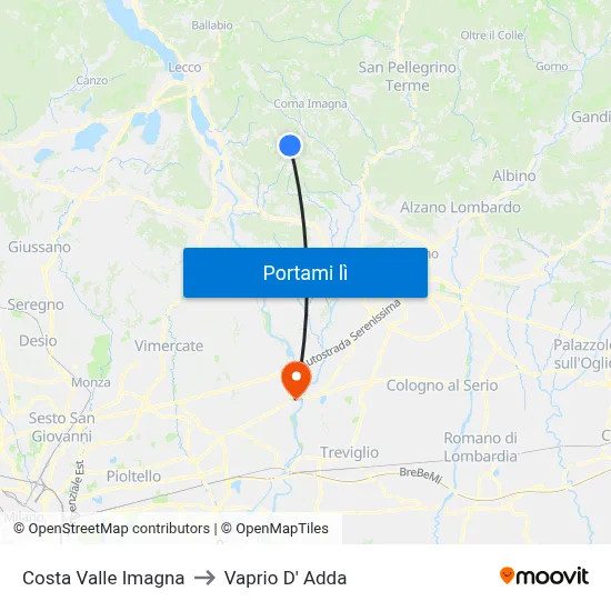 Costa Valle Imagna to Vaprio D' Adda map