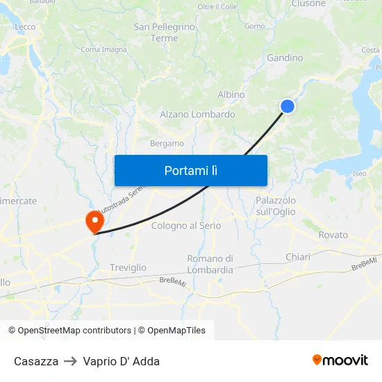 Casazza to Vaprio D' Adda map