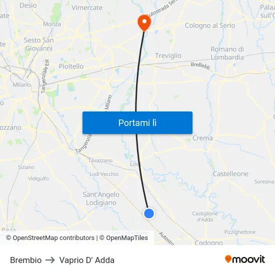Brembio to Vaprio D' Adda map