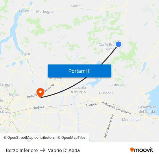 Berzo Inferiore to Vaprio D' Adda map
