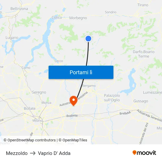 Mezzoldo to Vaprio D' Adda map