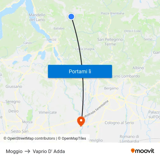 Moggio to Vaprio D' Adda map