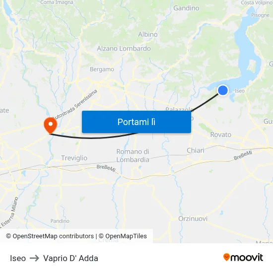 Iseo to Vaprio D' Adda map