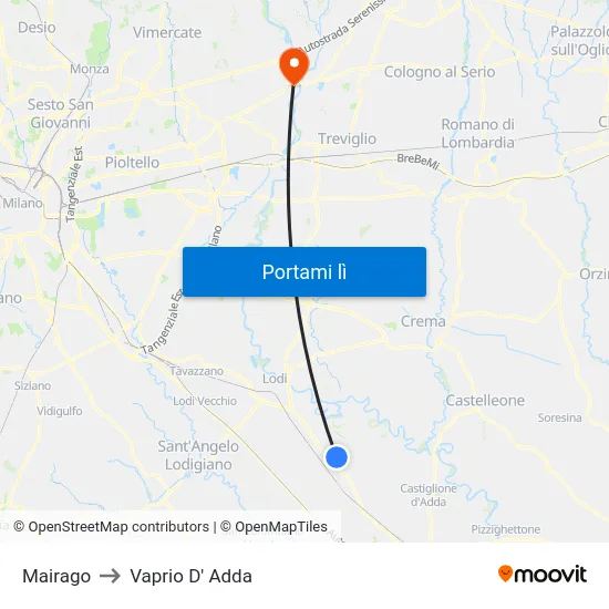 Mairago to Vaprio D' Adda map