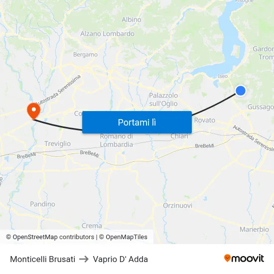 Monticelli Brusati to Vaprio D' Adda map