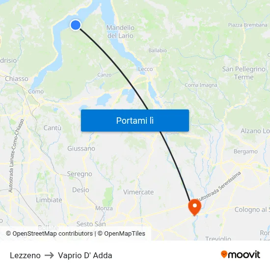 Lezzeno to Vaprio D' Adda map