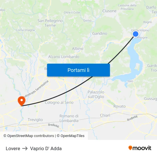 Lovere to Vaprio D' Adda map