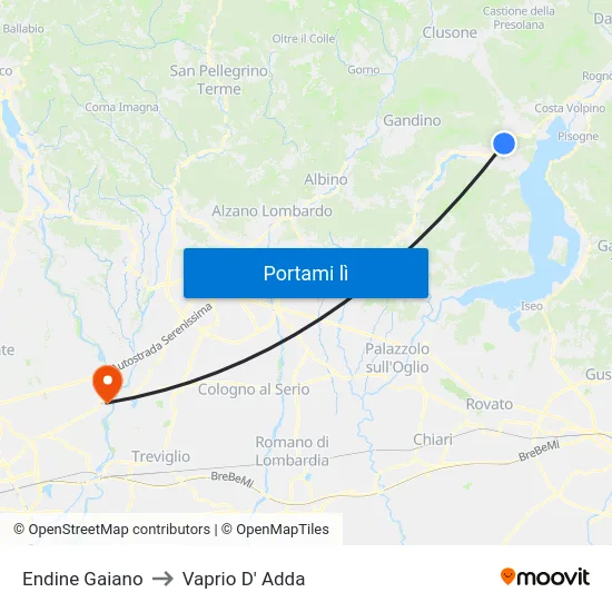 Endine Gaiano to Vaprio D' Adda map