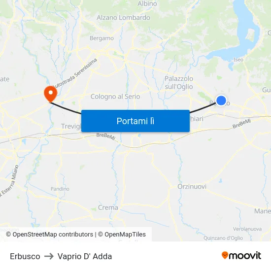 Erbusco to Vaprio D' Adda map
