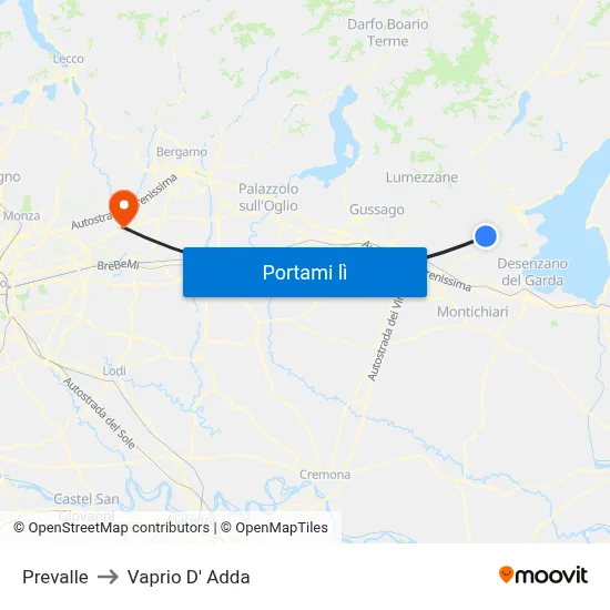 Prevalle to Vaprio D' Adda map