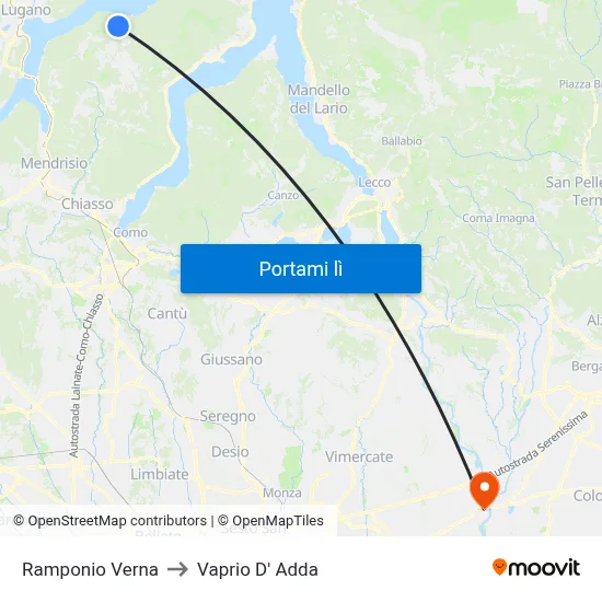Ramponio Verna to Vaprio D' Adda map