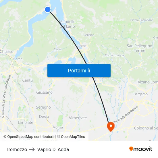 Tremezzo to Vaprio D' Adda map