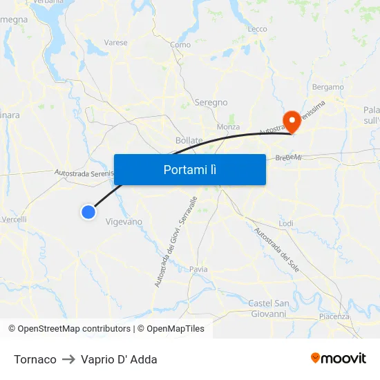 Tornaco to Vaprio D' Adda map