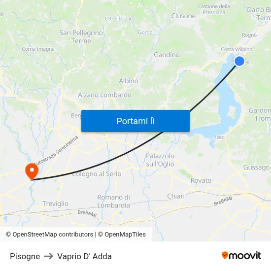 Pisogne to Vaprio D' Adda map