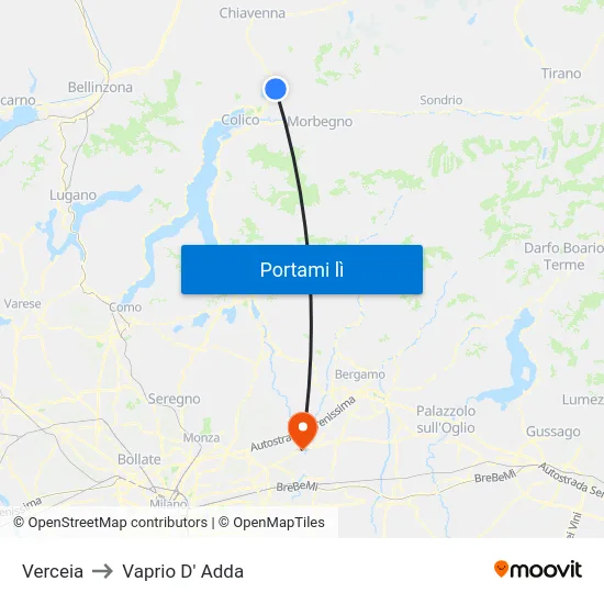 Verceia to Vaprio D' Adda map