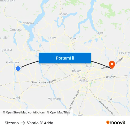 Sizzano to Vaprio D' Adda map