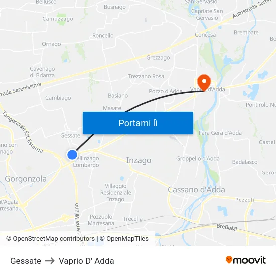 Gessate to Vaprio D' Adda map