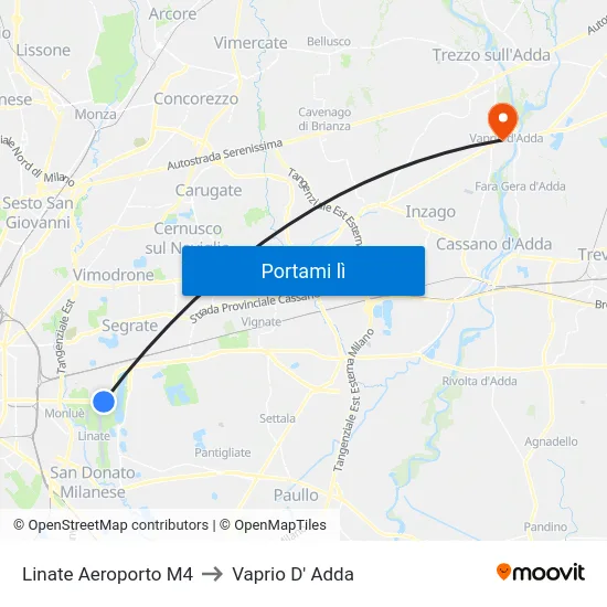 Linate Aeroporto M4 to Vaprio D' Adda map