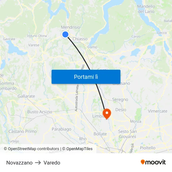 Novazzano to Varedo map