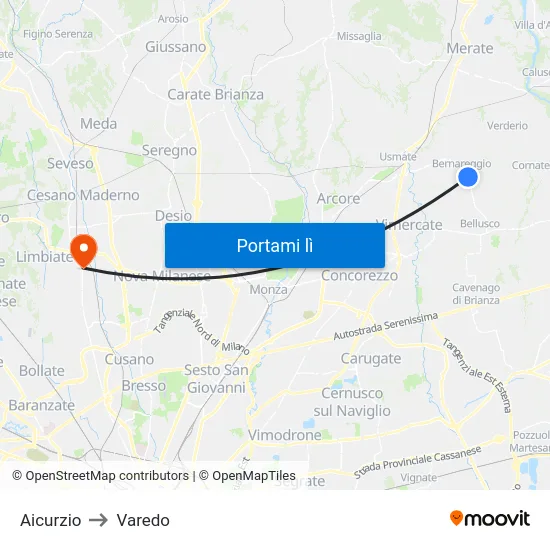 Aicurzio to Varedo map