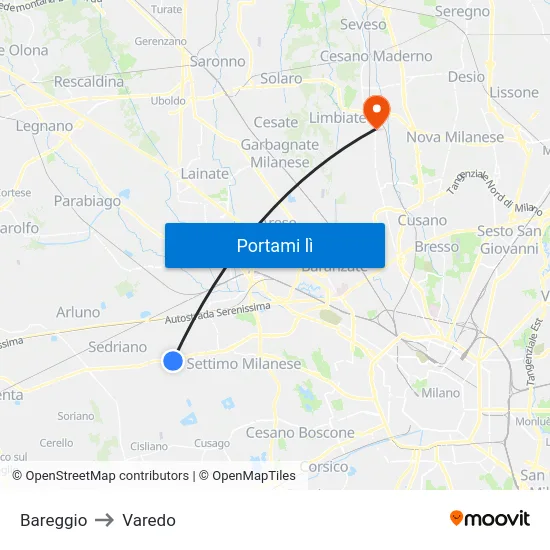 Bareggio to Varedo map