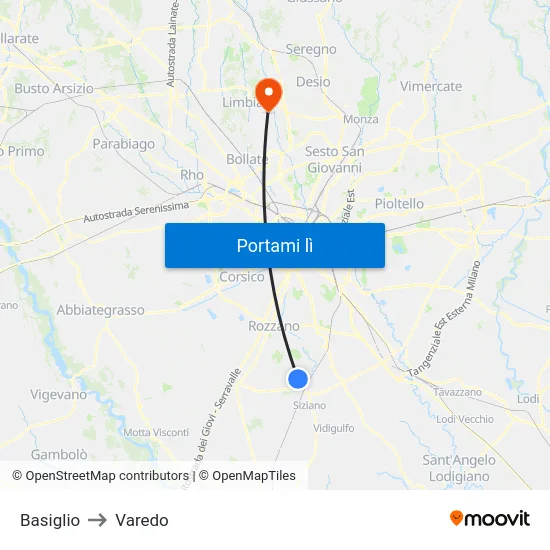 Basiglio to Varedo map