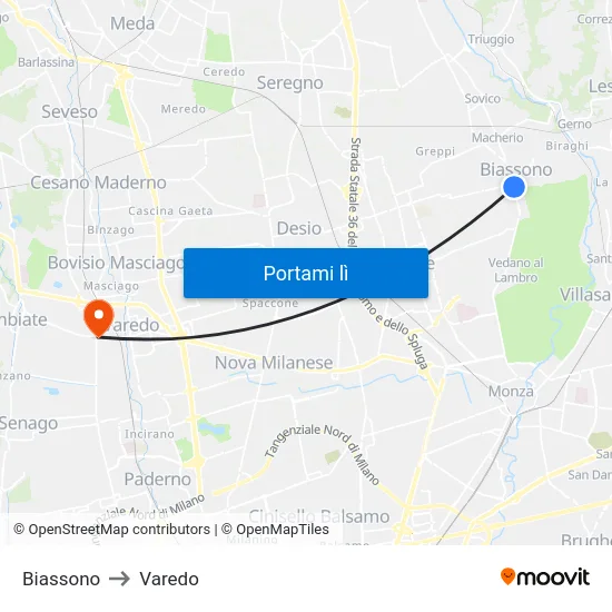 Biassono to Varedo map