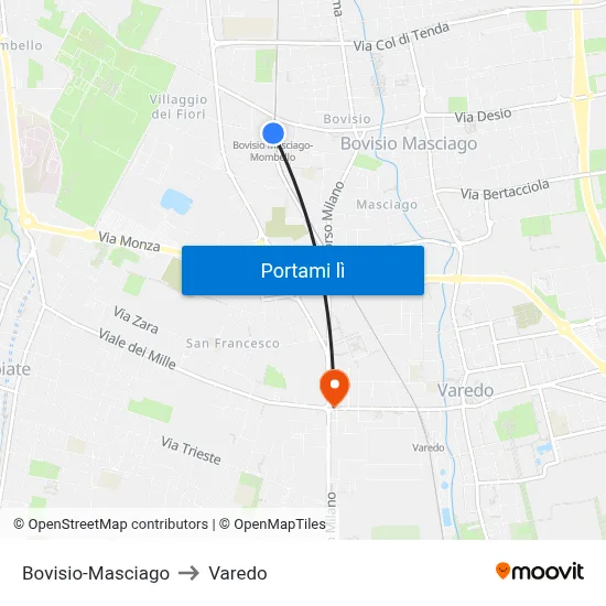 Bovisio-Masciago to Varedo map