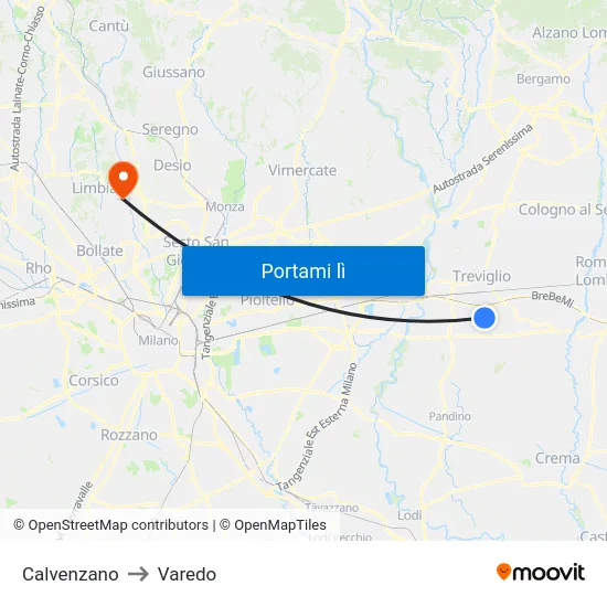 Calvenzano to Varedo map